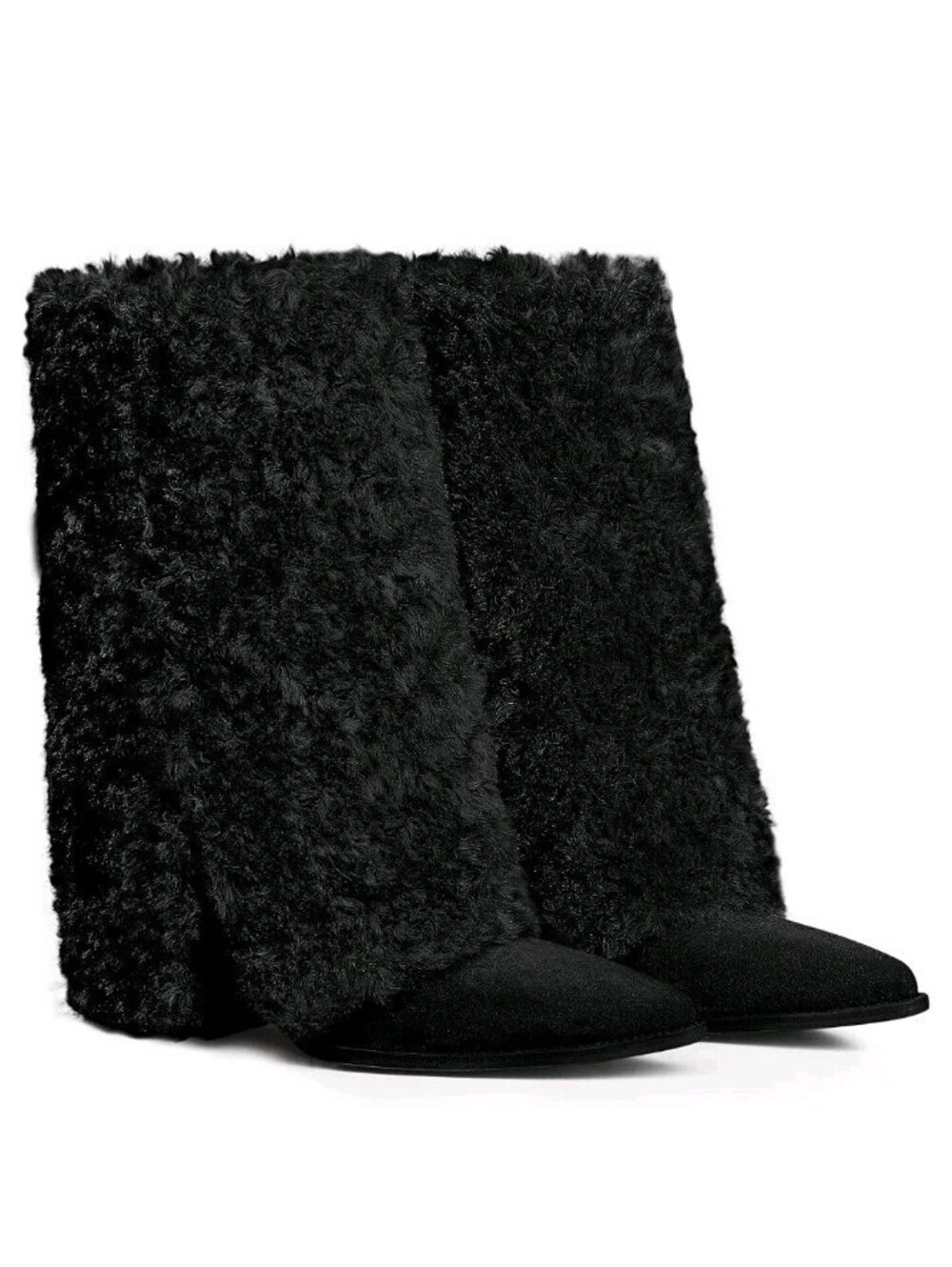 Women's Cowboy Fuzzy Sherpa Mid Calf Winter Pointed Toe Chunky Heel Boots 8.5